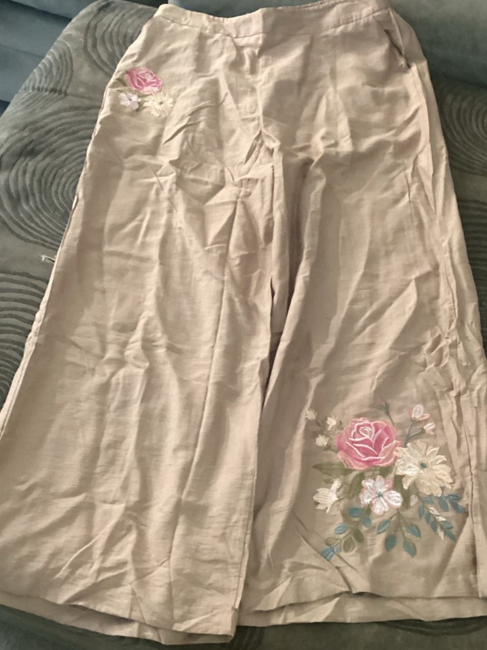 Wide Leg Embroidered Floral Linen Pants - Beige with Pink Rose